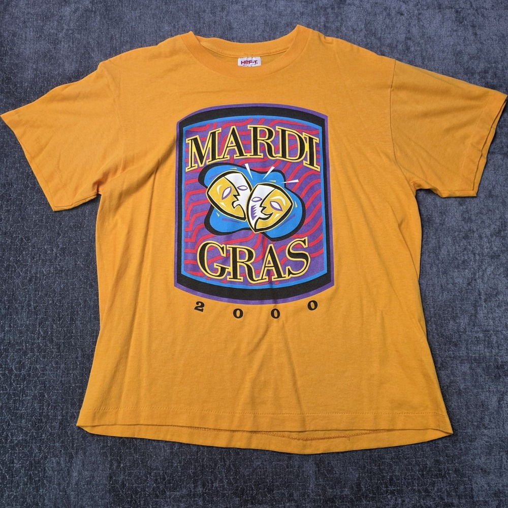 Vtg Single Stitch Mardi Gras T Shirt Mens Large Made In USA Yellow Masks Hef-T L